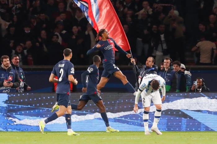 Bradley Barcola pictured (center) punching the air after scoring his first Champions League goal in Paris Saint-Germain's 2-0 win over Real Sociedad in February 2024